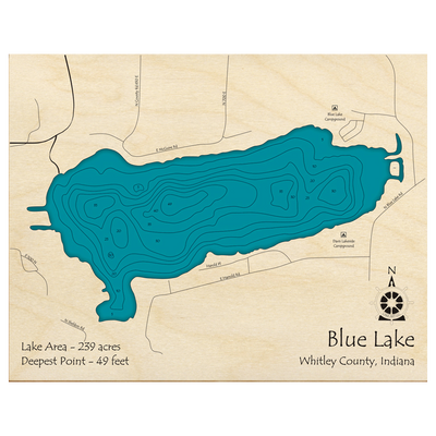 Bathymetric topo map of Blue Lake, IN with roads, towns and depths noted in blue water.