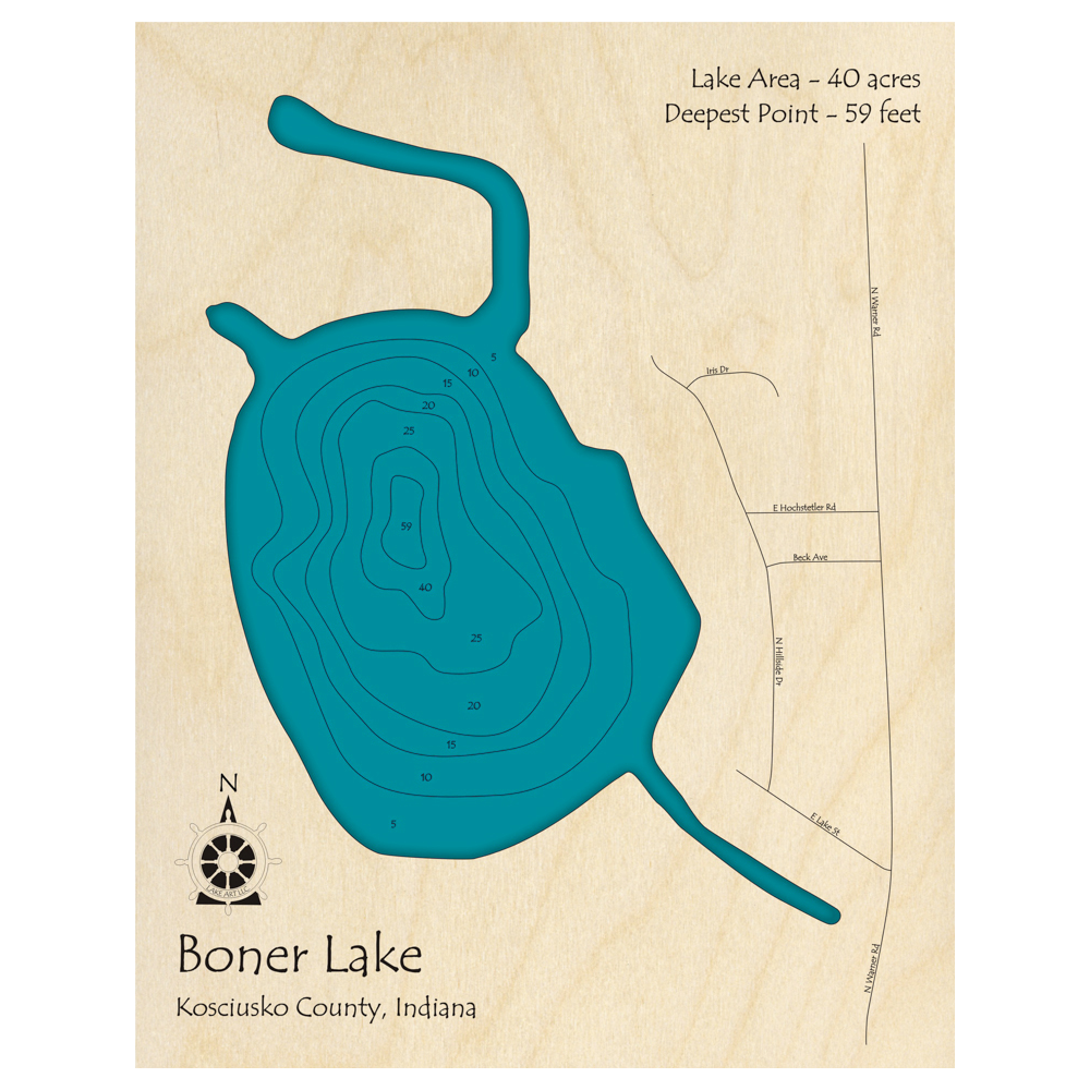 Bathymetric topo map of Boner Lake, IN with roads, towns and depths noted in blue water.