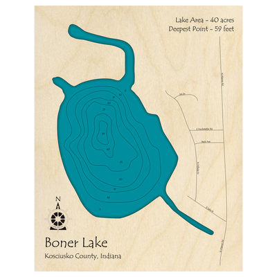 Bathymetric topo map of Boner Lake, IN with roads, towns and depths noted in blue water.