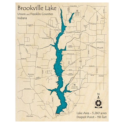 Bathymetric topo map of Brookville Lake, IN with roads, towns and depths noted in blue water.