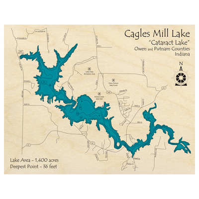 Bathymetric topo map of Cagles Mill Lake, IN with roads, towns and depths noted in blue water.