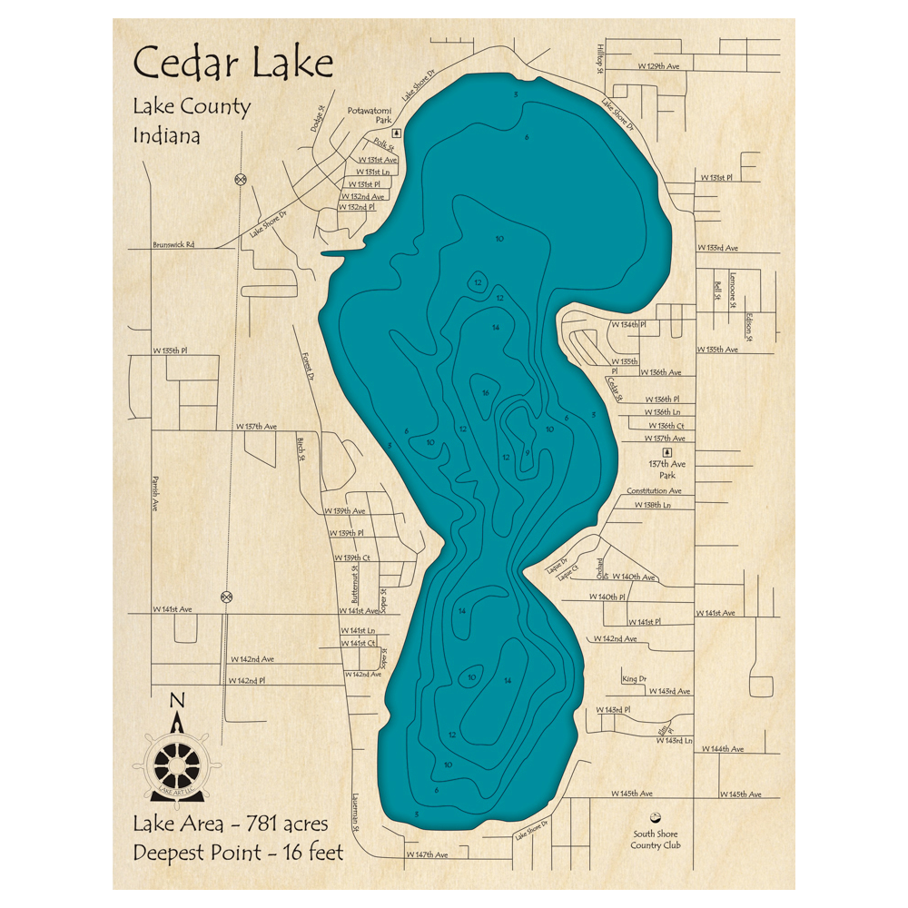 Bathymetric topo map of Cedar Lake, IN with roads, towns and depths noted in blue water.