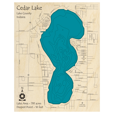 Bathymetric topo map of Cedar Lake, IN with roads, towns and depths noted in blue water.