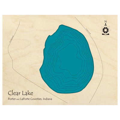 Bathymetric topo map of Clear Lake, IN with roads, towns and depths noted in blue water.
