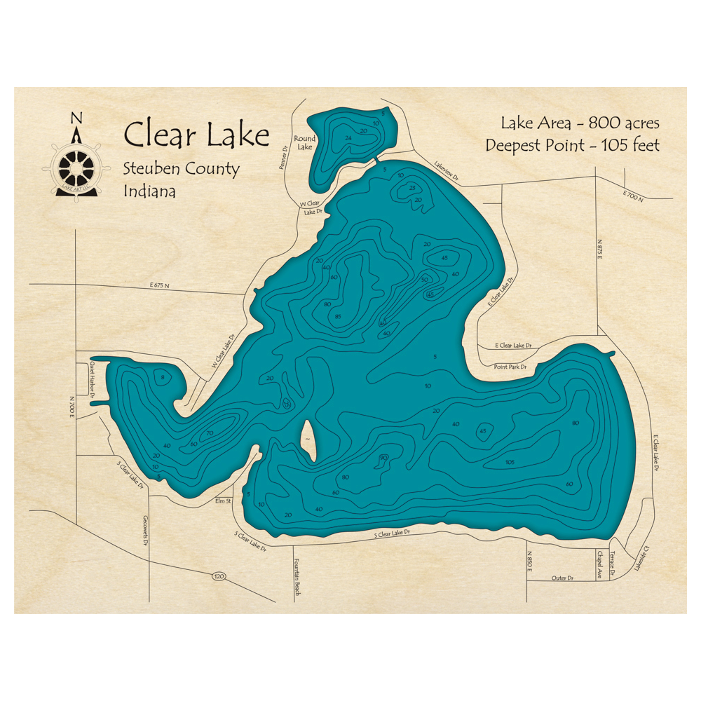 Bathymetric topo map of Clear Lake, IN with roads, towns and depths noted in blue water.