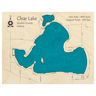Bathymetric topo map of Clear Lake, IN with roads, towns and depths noted in blue water.