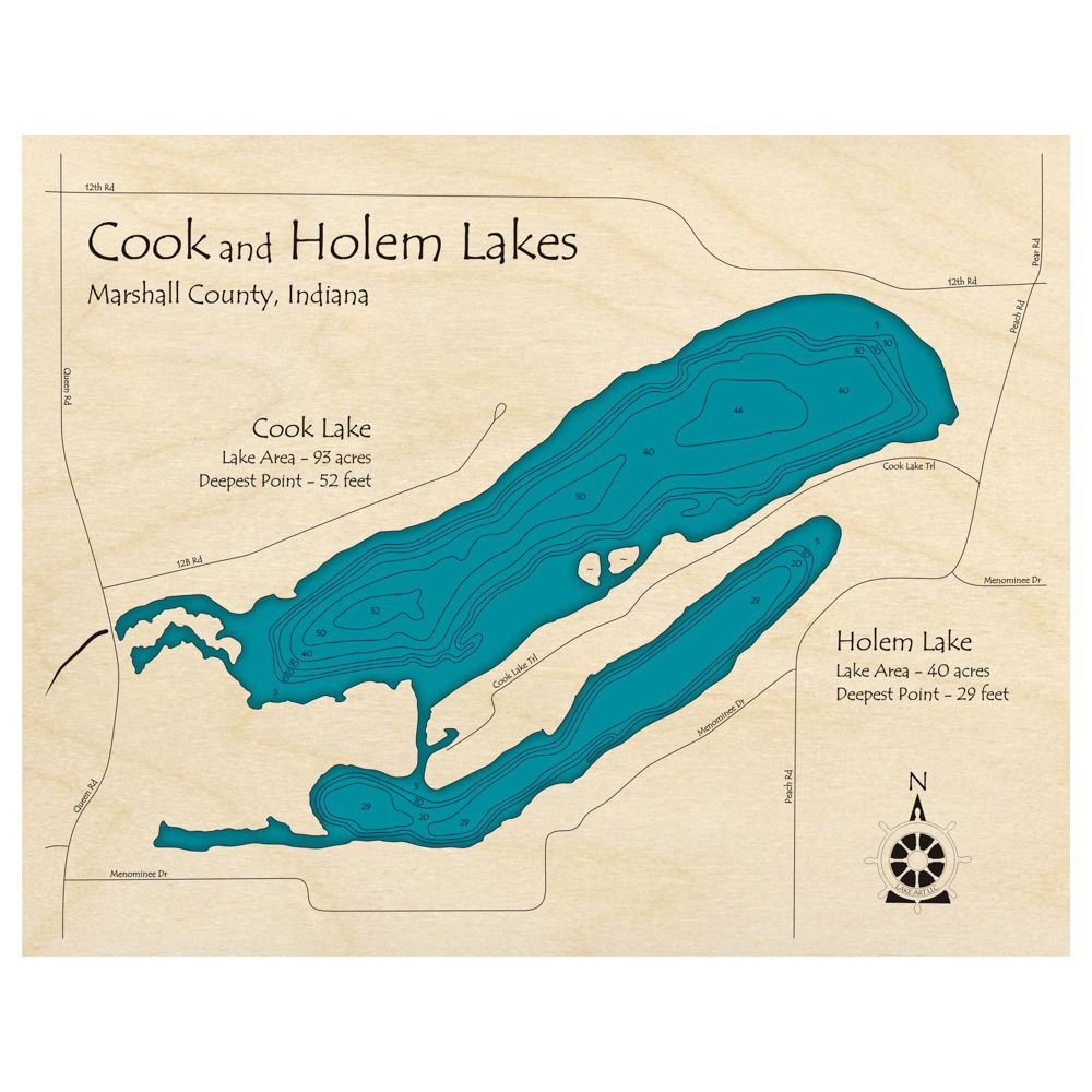 Bathymetric topo map of Cook and Holem Lakes, IN with roads, towns and depths noted in blue water.