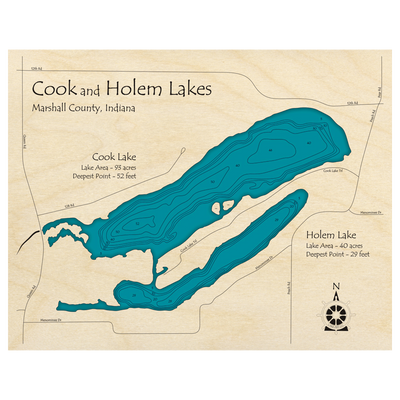 Bathymetric topo map of Cook and Holem Lakes, IN with roads, towns and depths noted in blue water.