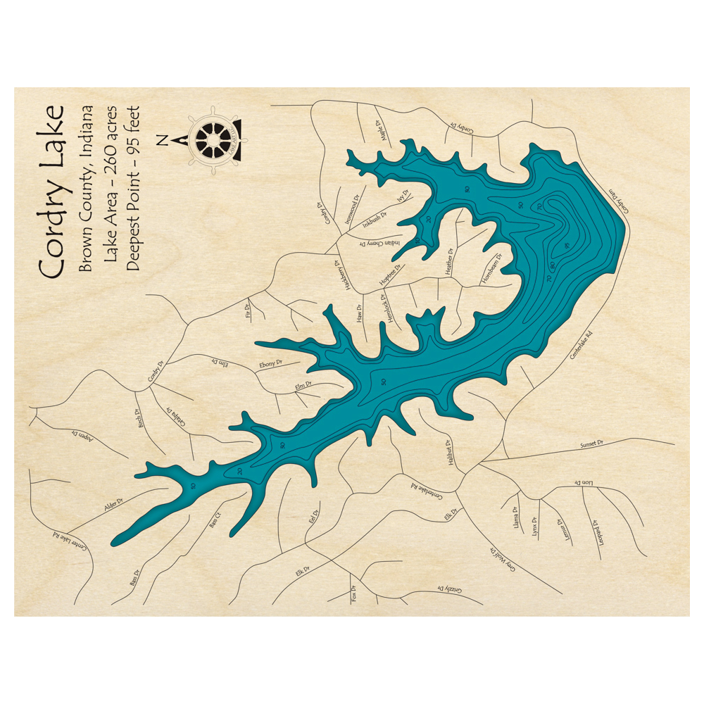 Bathymetric topo map of Cordry Lake, IN with roads, towns and depths noted in blue water.