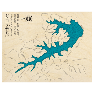 Bathymetric topo map of Cordry Lake, IN with roads, towns and depths noted in blue water.