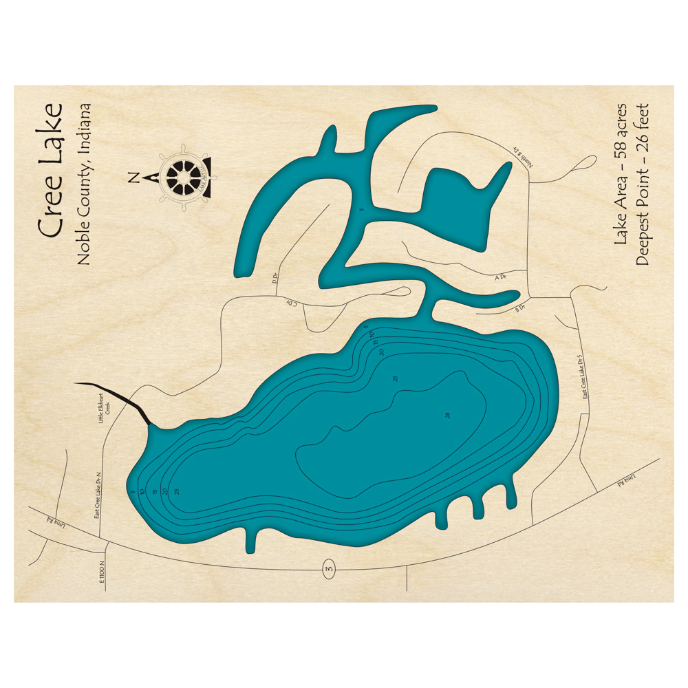 Bathymetric topo map of Cree Lake, IN with roads, towns and depths noted in blue water.