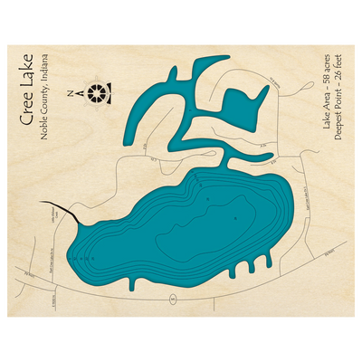 Bathymetric topo map of Cree Lake, IN with roads, towns and depths noted in blue water.