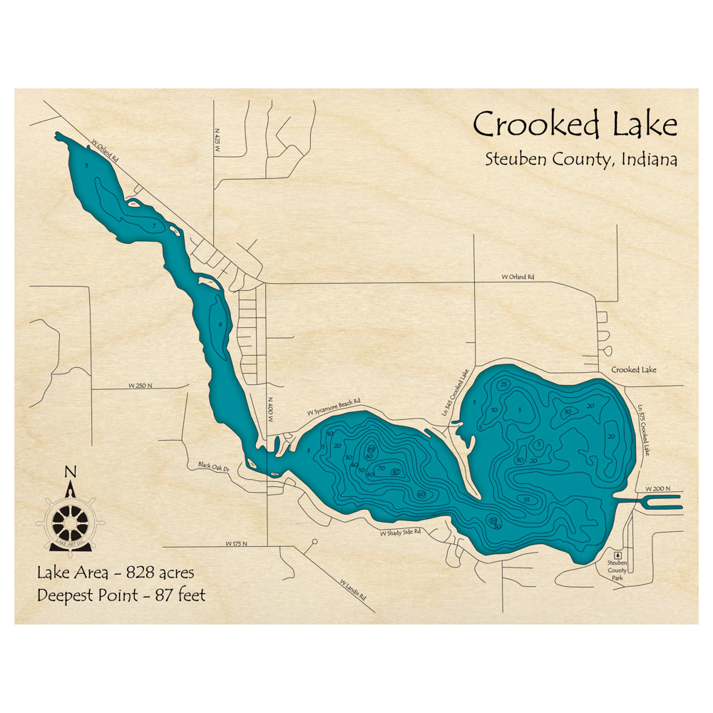 Bathymetric topo map of Crooked Lake, IN with roads, towns and depths noted in blue water.