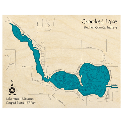 Bathymetric topo map of Crooked Lake, IN with roads, towns and depths noted in blue water.