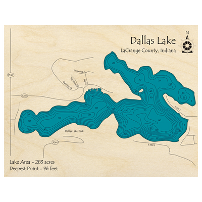Bathymetric topo map of Dallas Lake, IN with roads, towns and depths noted in blue water.