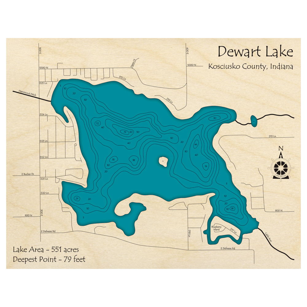 Bathymetric topo map of Dewart Lake, IN with roads, towns and depths noted in blue water.