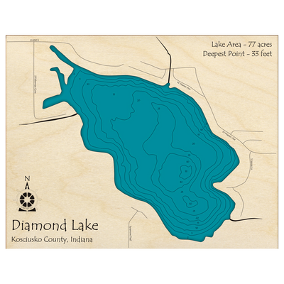 Bathymetric topo map of Diamond Lake, IN with roads, towns and depths noted in blue water.