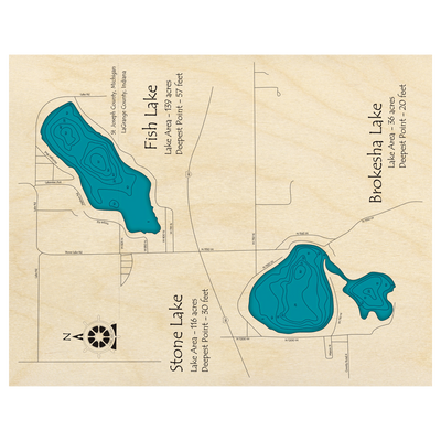Bathymetric topo map of Fish Lake, IN with roads, towns and depths noted in blue water.