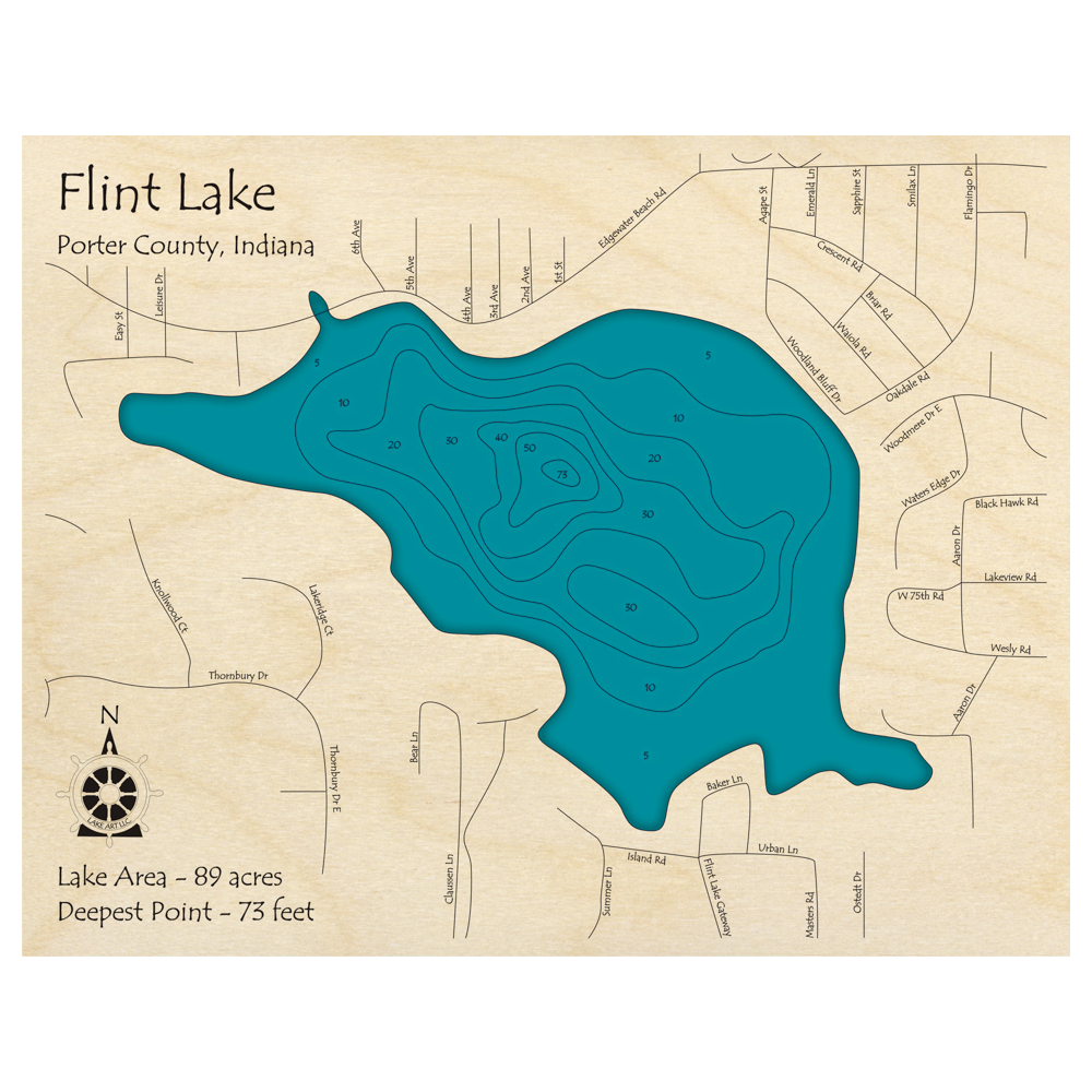 Bathymetric topo map of Flint Lake, IN with roads, towns and depths noted in blue water.