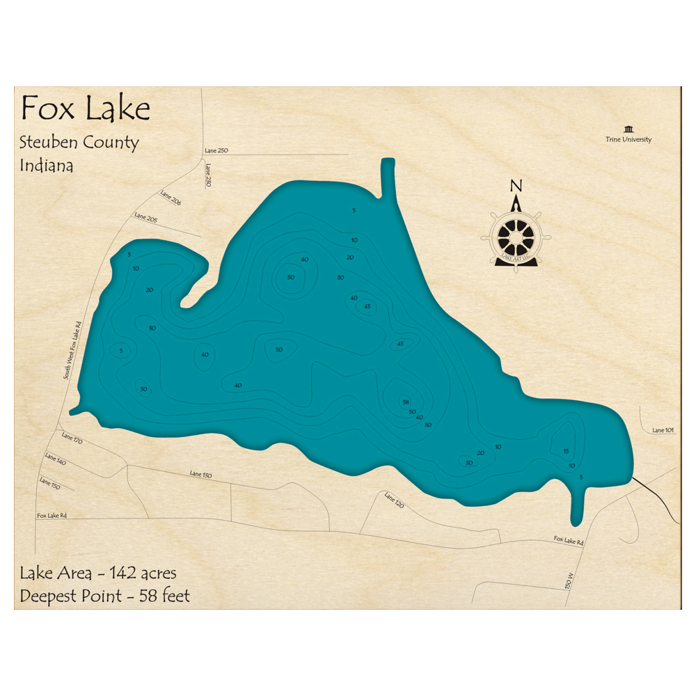 Bathymetric topo map of Fox Lake, IN with roads, towns and depths noted in blue water.