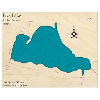 Bathymetric topo map of Fox Lake, IN with roads, towns and depths noted in blue water.