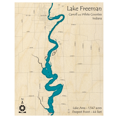 Bathymetric topo map of Lake Freeman, IN with roads, towns and depths noted in blue water.