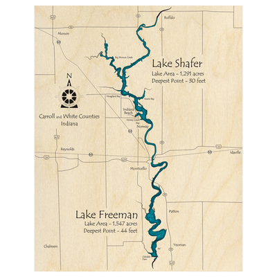 Bathymetric topo map of Lake Shafer and Lake Freeman, IN with roads, towns and depths noted in blue water.