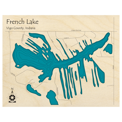 Bathymetric topo map of French Lake, IN with roads, towns and depths noted in blue water.