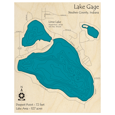 Bathymetric topo map of Lake Gage, IN with roads, towns and depths noted in blue water.
