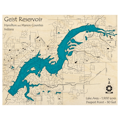 Bathymetric topo map of Geist Reservoir, IN with roads, towns and depths noted in blue water.