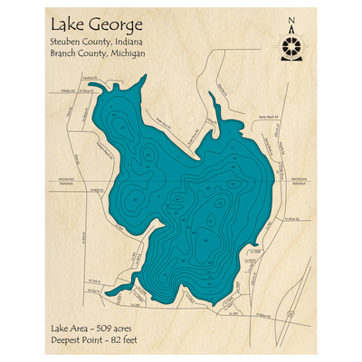 Bathymetric topo map of Lake George (IN, MI) with roads, towns and depths noted in blue water.