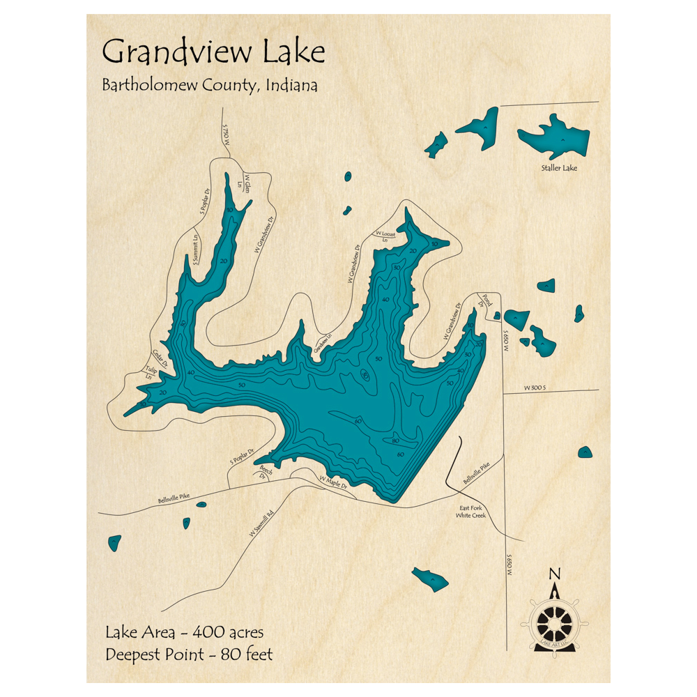 Bathymetric topo map of Grandview Lake, IN with roads, towns and depths noted in blue water.