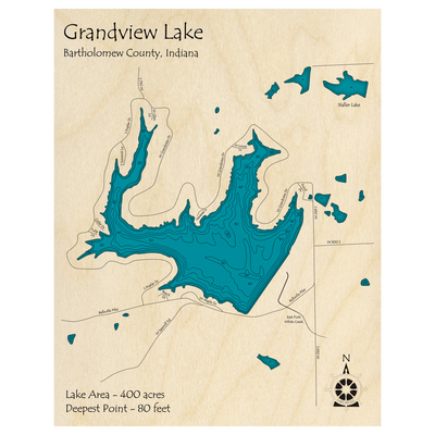 Bathymetric topo map of Grandview Lake, IN with roads, towns and depths noted in blue water.