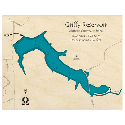 Bathymetric topo map of Griffy Reservoir, IN with roads, towns and depths noted in blue water.