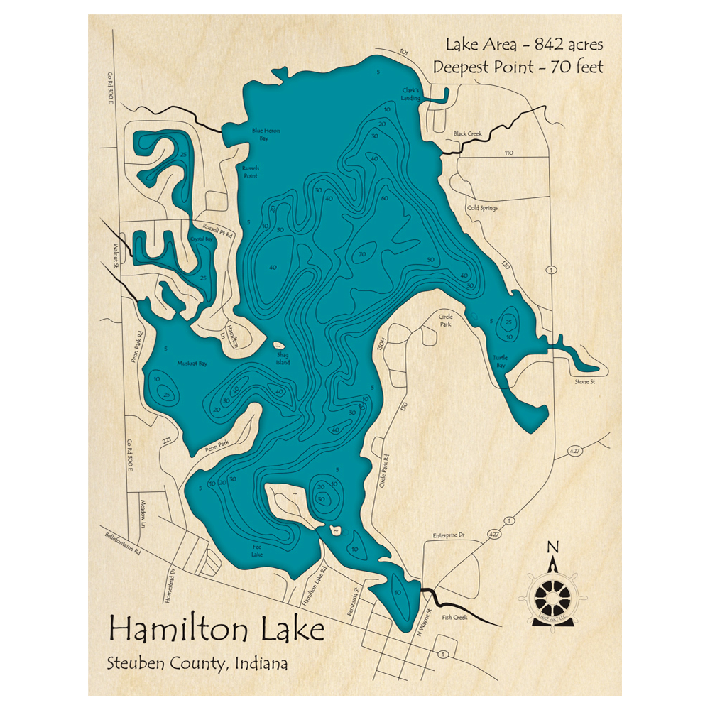 Bathymetric topo map of Hamilton Lake, IN with roads, towns and depths noted in blue water.