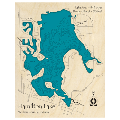 Bathymetric topo map of Hamilton Lake, IN with roads, towns and depths noted in blue water.