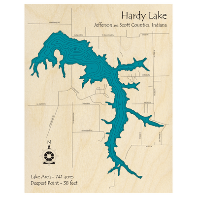 Bathymetric topo map of Hardy Lake, IN with roads, towns and depths noted in blue water.