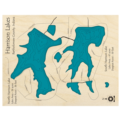 Bathymetric topo map of Harrison Lakes, IN with roads, towns and depths noted in blue water.