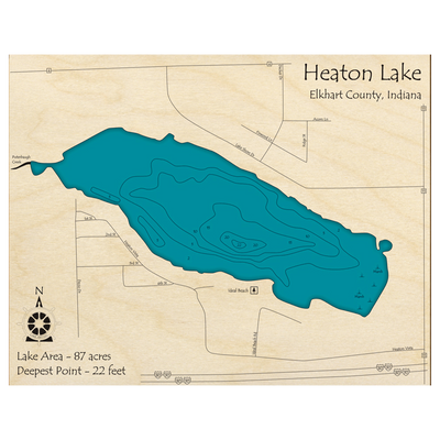 Bathymetric topo map of Heaton Lake, IN with roads, towns and depths noted in blue water.