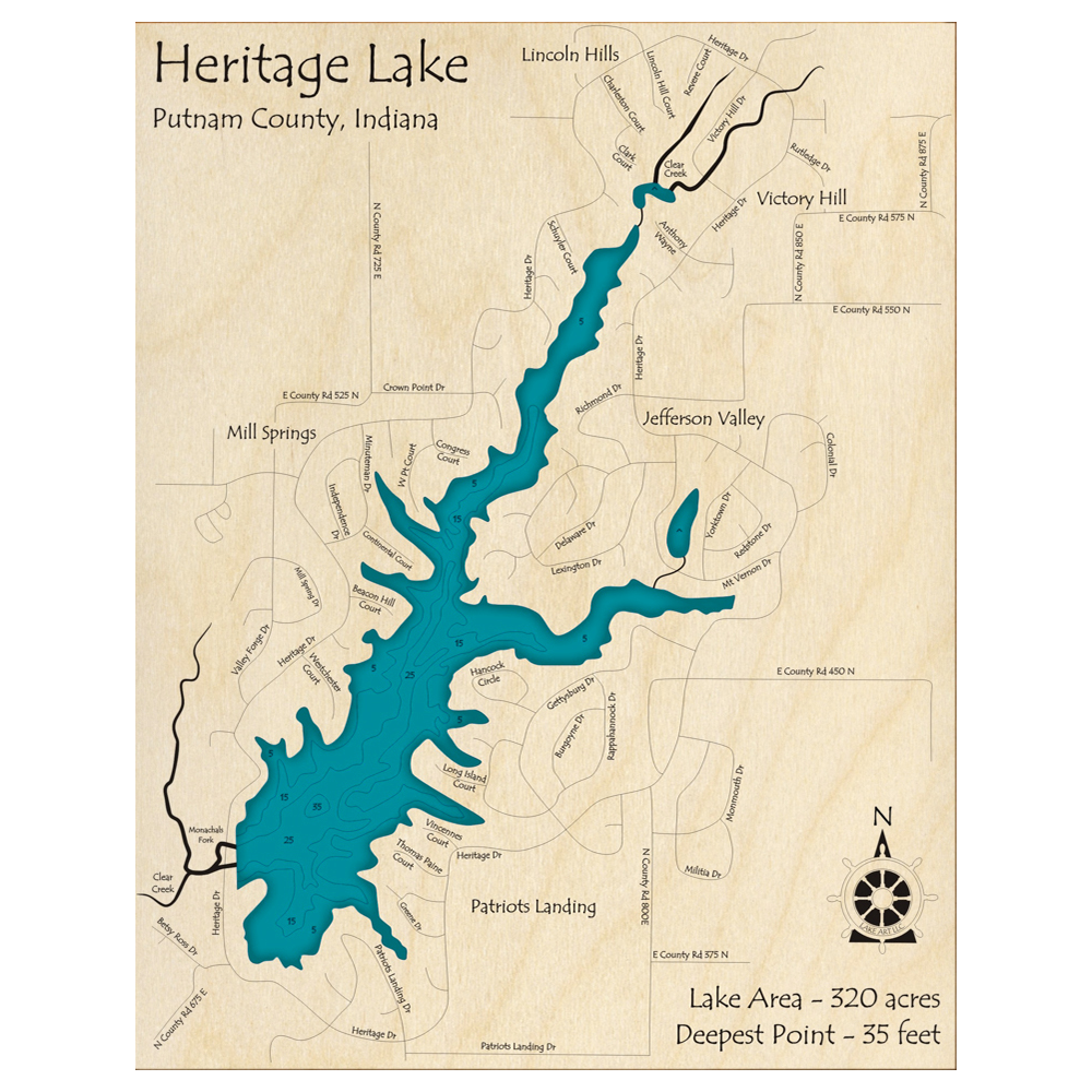 Bathymetric topo map of Heritage Lake, IN with roads, towns and depths noted in blue water.