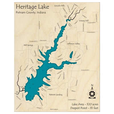 Bathymetric topo map of Heritage Lake, IN with roads, towns and depths noted in blue water.