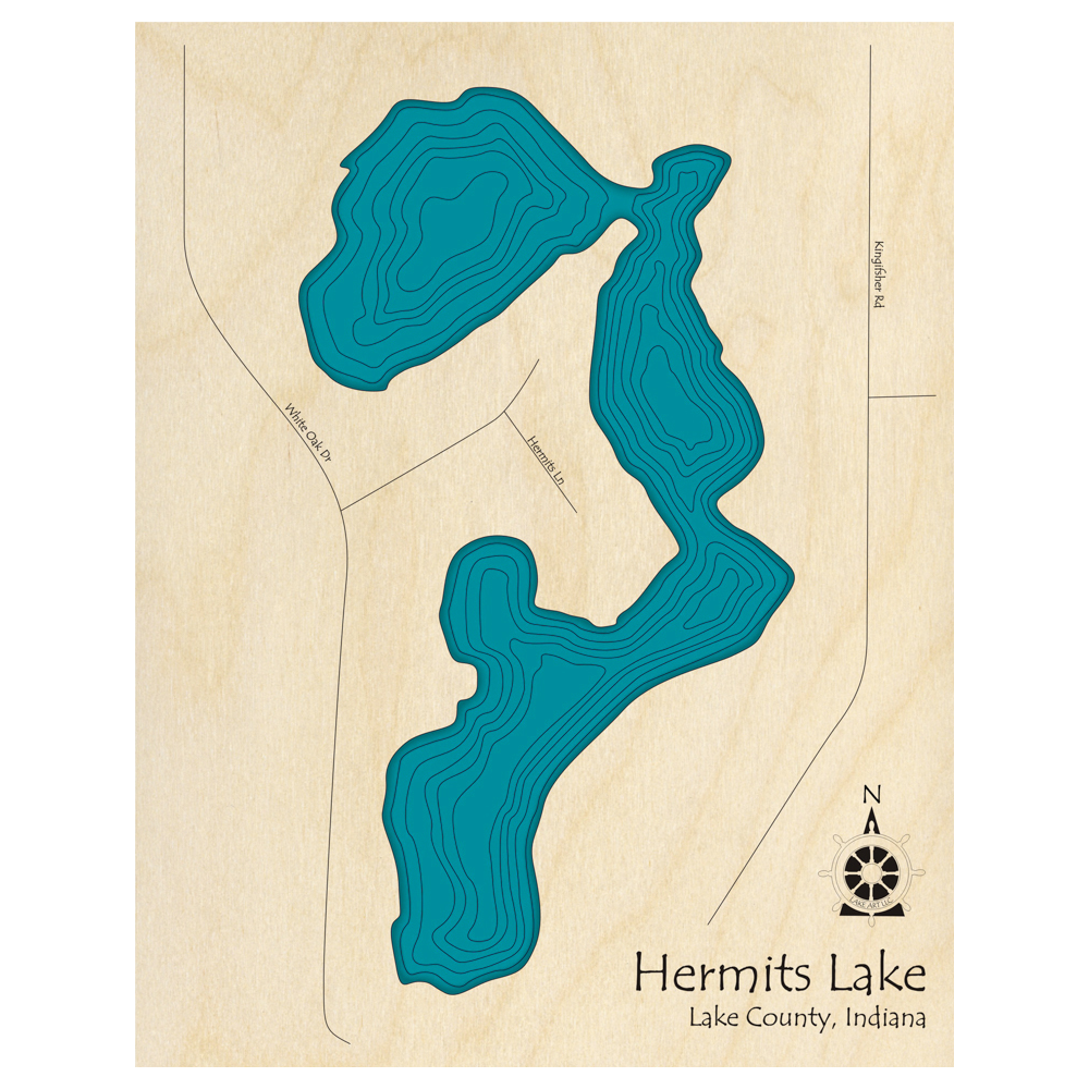 Bathymetric topo map of Hermits Lake, IN with roads, towns and depths noted in blue water.