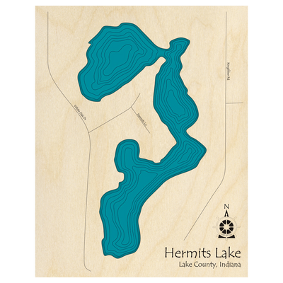 Bathymetric topo map of Hermits Lake, IN with roads, towns and depths noted in blue water.