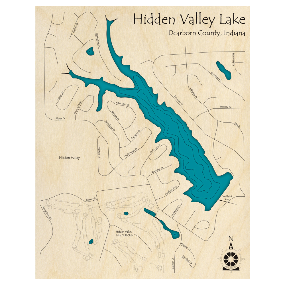 Bathymetric topo map of Hidden Valley Lake, IN with roads, towns and depths noted in blue water.