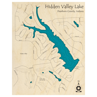 Bathymetric topo map of Hidden Valley Lake, IN with roads, towns and depths noted in blue water.