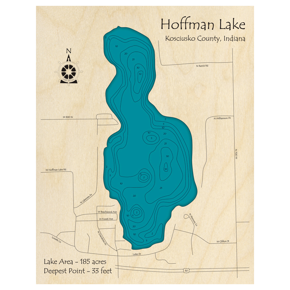 Bathymetric topo map of Hoffman Lake, IN with roads, towns and depths noted in blue water.