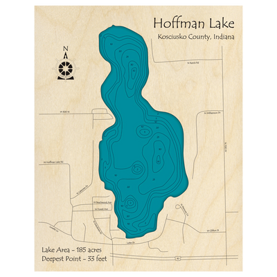 Bathymetric topo map of Hoffman Lake, IN with roads, towns and depths noted in blue water.
