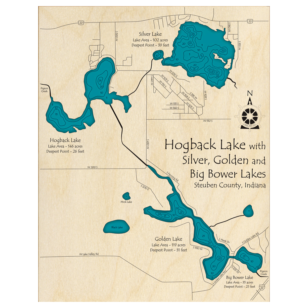 Bathymetric topo map of Hogback Lake, IN with roads, towns and depths noted in blue water.