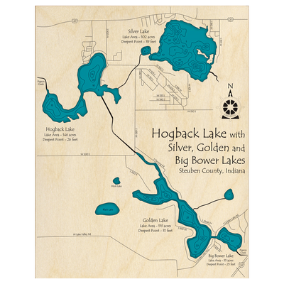 Bathymetric topo map of Hogback Lake, IN with roads, towns and depths noted in blue water.