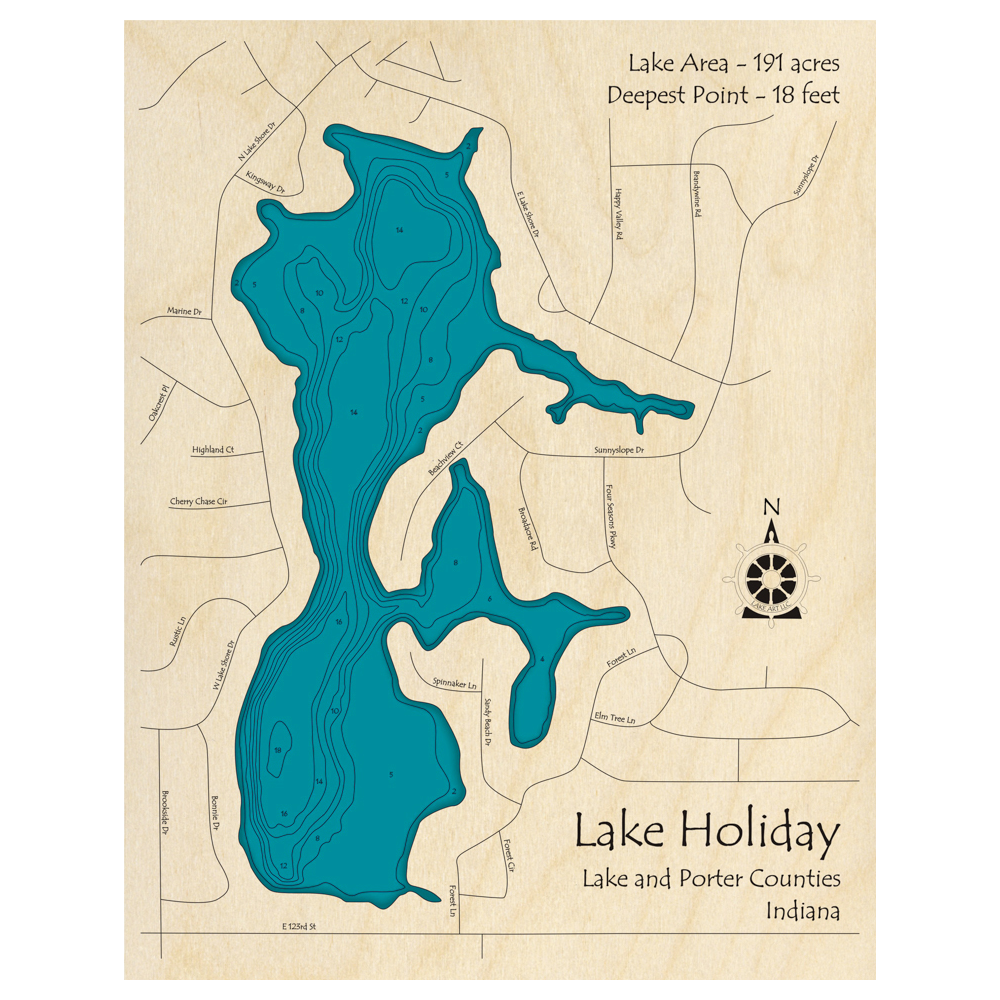 Bathymetric topo map of Lake Holiday, IN with roads, towns and depths noted in blue water.